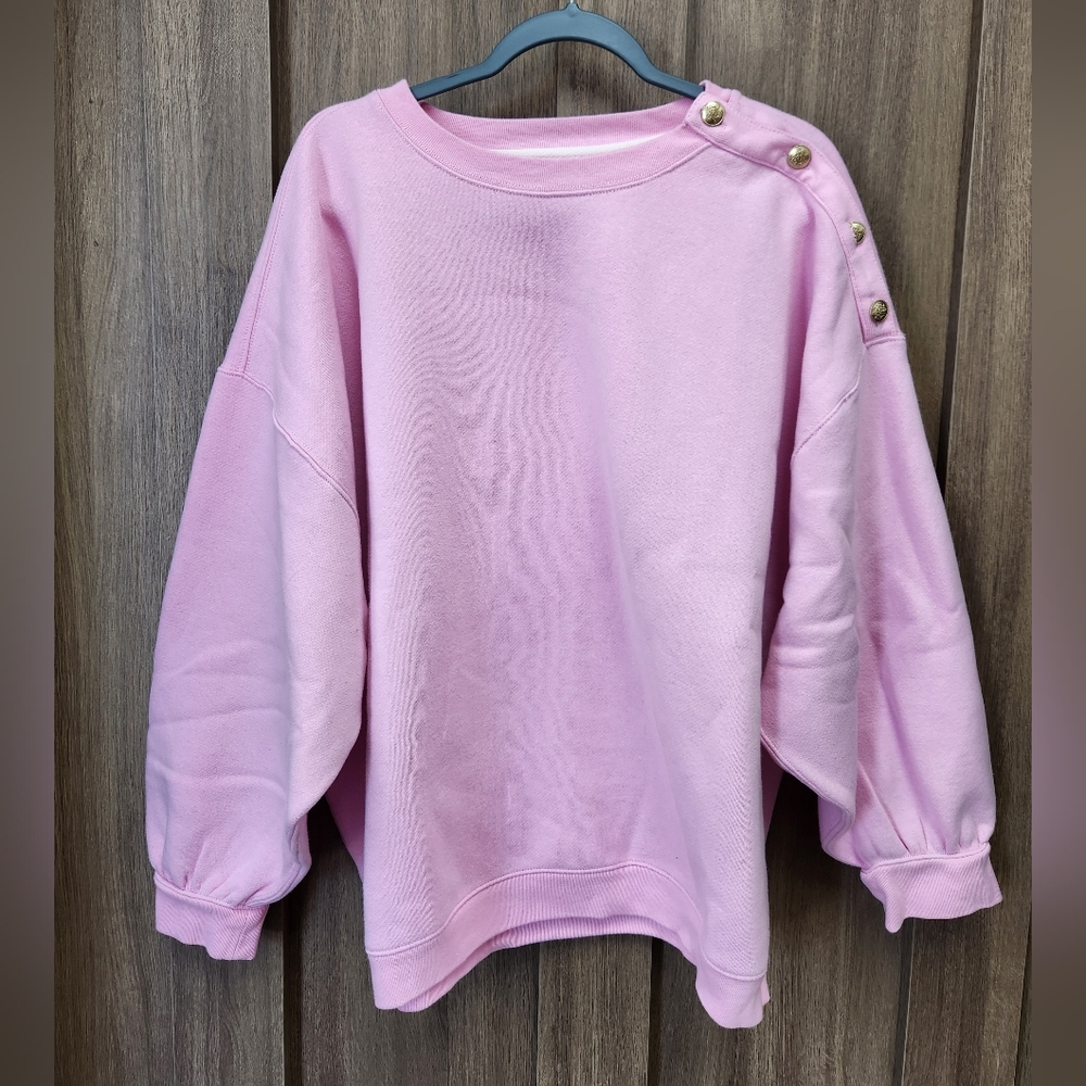 Plus Size J. Crew Pink Button-Shoulder Sweatshirt